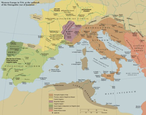 Mappa dell'Europa occidentale nel 534.
