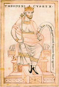 Leiden, Universitaire Bibliotheken. Ms. vul. 46, Gesta Theodorici Regis (1177), f. 1v. Teoderico il Grande.